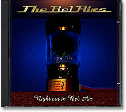 The front cover of the CD “Night out in Bel Air” shows a close-up of the back and amplifier tube of an old guitar amplifier, which emits a shimmering blue glow.