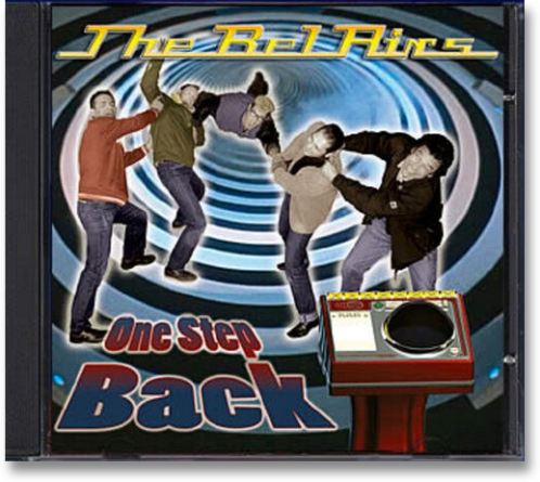 The front cover of the CD “One Step Back” shows five band members trying to prevent each other from being sucked into a time travel tunnel. In the foreground is a red control console.