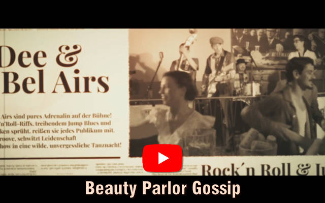 One sees dancers in front of a stage with a band embedded in a newspaper clipping. Below it is the song title 'Beauty Parlor Gossip' with the YouTube logo above.