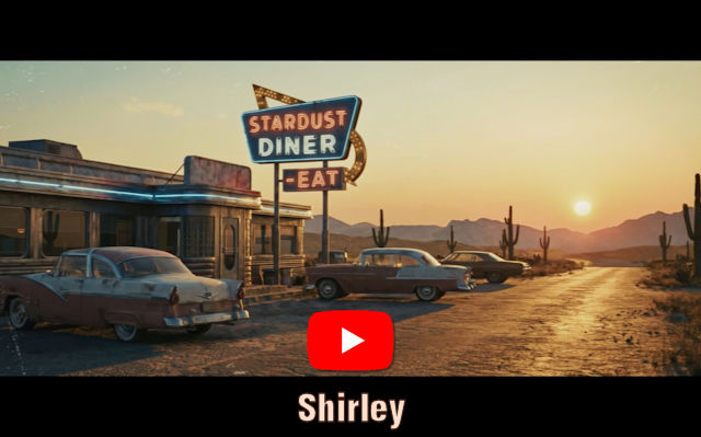 One can see an american diner with a few classic cars of the fifties in front of it, in the middle of nowhere in a desert. Below it is the song title 'Shirley' with the YouTube logo above it.